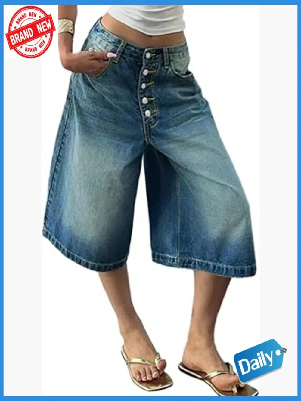 Baggy Wide Leg Cargo Capri Jeans High Waist Y2k Denim Bermuda Shorts Plus Size